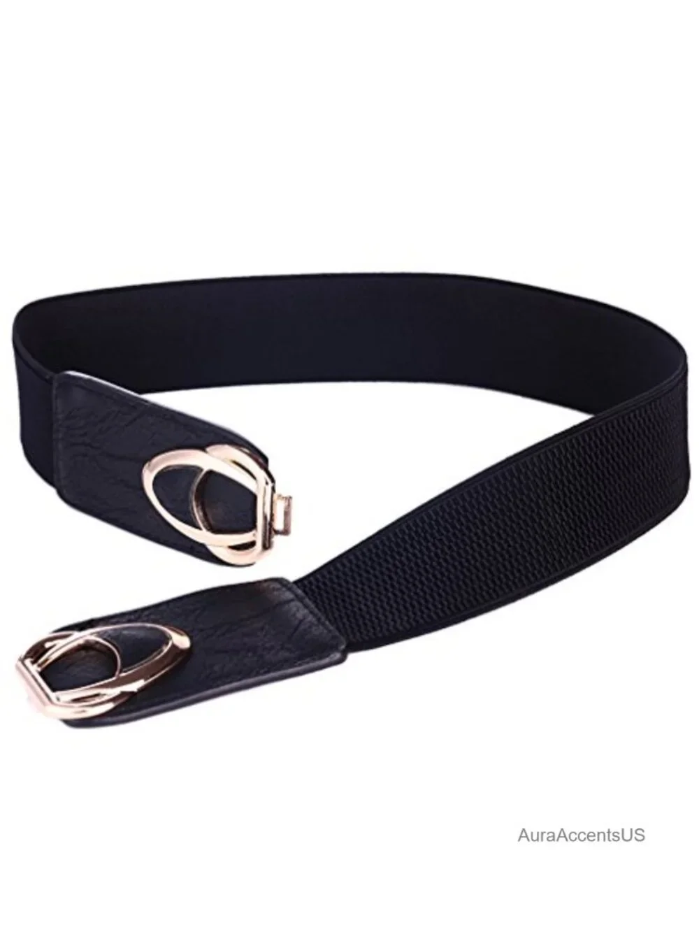 Elastic Stretch Cinch Belt - Faux Leather Buckle, Gold Accent